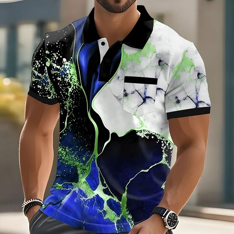 Men's Geometic Marble Polo Short Sleeve Polo Shirts Collared Shirts Business Casual Outdoor Athleisure Daily Wear 3D Print Buttons Summer Blue Purple Orange3