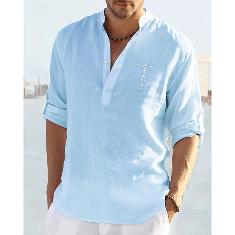 Men's Shirt Linen Shirt Popover Shirt Casual Shirt Cotton Shirt Cross Vacation Hawaiian Black White Yellow Pink Long Sleeve Band Collar Spring Fall Clothing Apparel Print3