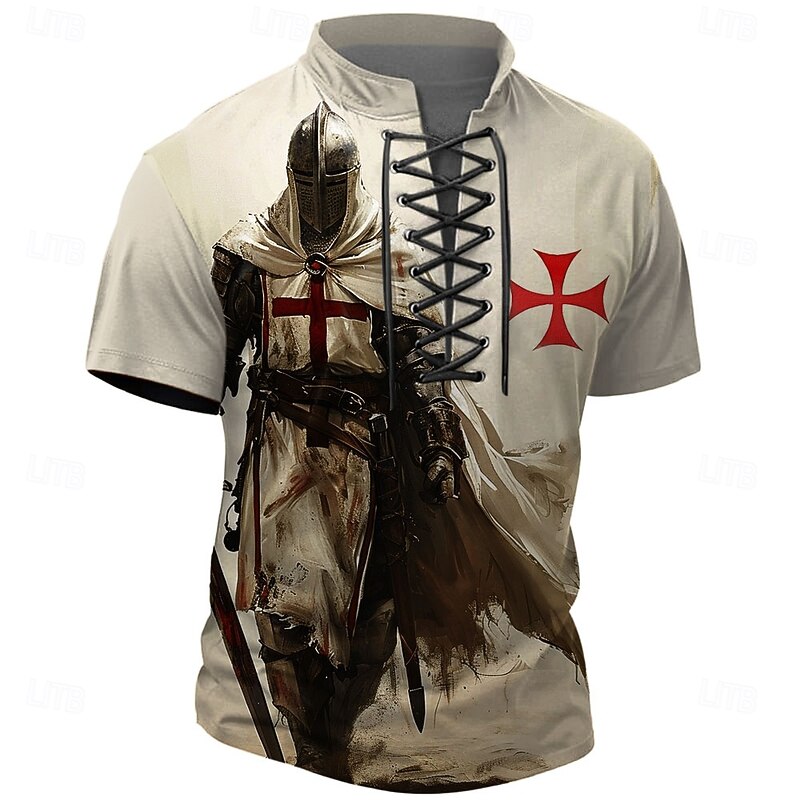Halloween Men's Knights Templar Henley Shirt T shirt Tee Short Sleeve T shirt 3D Print Crew Neck Lace Up Neck Henley Shirt Casual Street Sports Outdoor Casual Brown Khaki Summer Spring All Seasons4