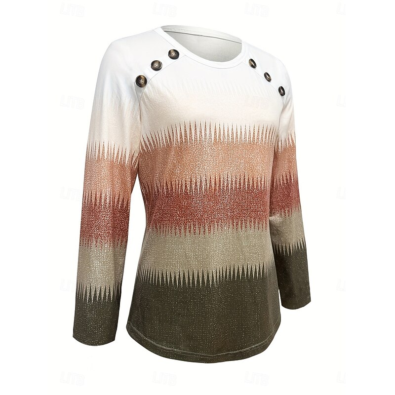 Women's Tunic T Shirt Ombre Graphic Geometric Vintage Stylish Classic Long Sleeve Crew Neck Round Neck Regular Tops Daily Going out Weekend Buttons Print Blue Brown Khaki Spring Fall Winter2