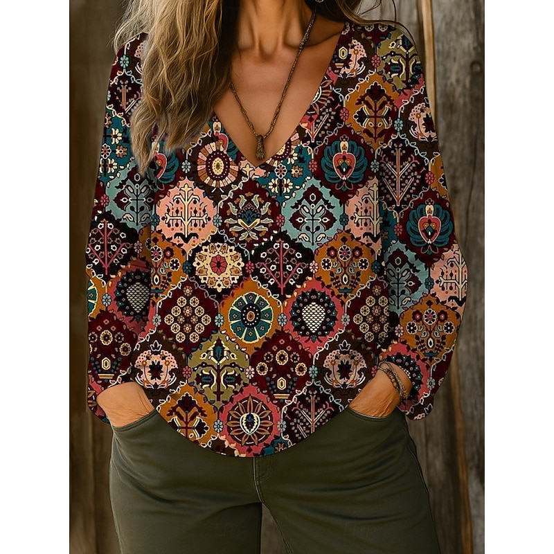 Women's Shirt Blouse Floral Retro Vintage Ethnic Long Sleeve V Neck Regular Tops Daily Holiday Print Black White Blue Khaki Apricot Summer Spring Fall2