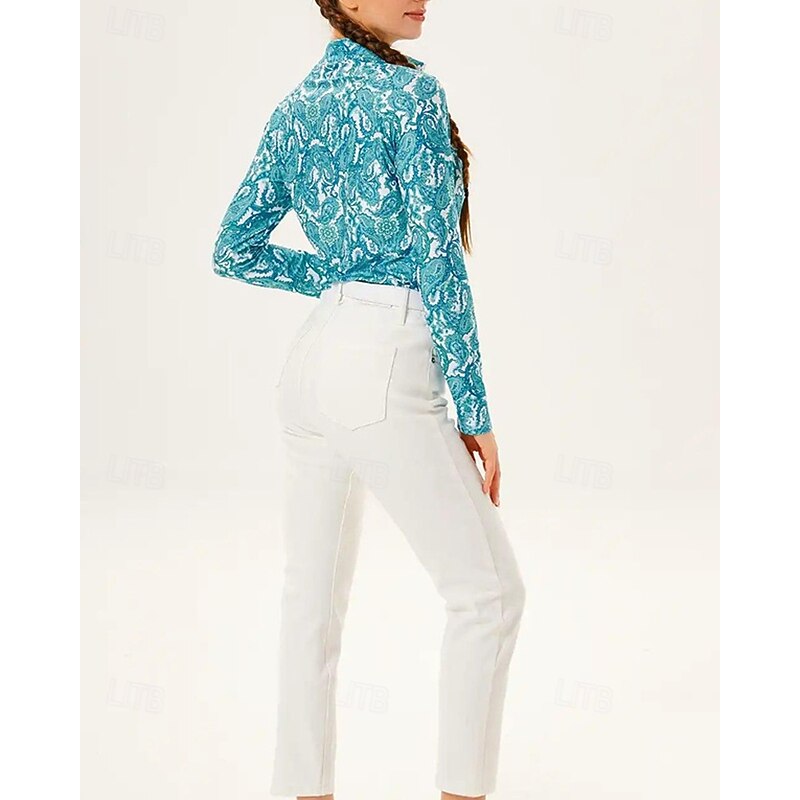 Women's Flocking Golf Polo Shirt Tennis Shirt Long Sleeve Print Quarter Zip Pullover UV Protection Elastic Breathable Tennis Golf Pickleball Zip Collar Shirt Polo Blue Tennis Clothing3