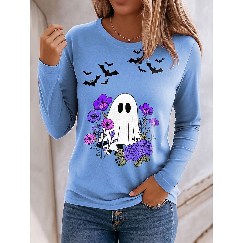 Halloween Women's T shirt Ghost Crew Neck Long Sleeve Tunic Floral Graphic Vintage Stylish Classic Regular Tops Daily Print Pink Blue Green Khaki Spring Fall3