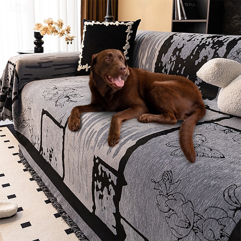 Vintage Chenille Anti-Scratch Sofa Protector For Dogs Throw Couch Cover Pet Friendly
