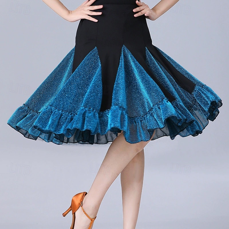 Latin Dance Skirts Pleats Pure Color Splicing Women's Performance Training High Polyester