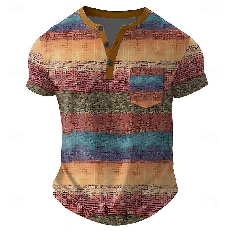 Men's Rainbow Horizontal Stripes T Shirt Henley Shirt Short Sleeve T shirt 3D Print Henley Shirt Fashion Daily Designer Street Casual Daily Blue Green Khaki Summer Spring All Seasons Clothing Apparel