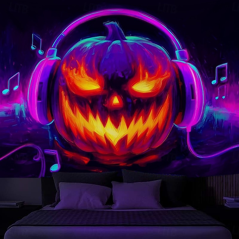 Halloween Blacklight Wall Tapestry – UV Reactive Evil Grinning Pumpkin Face with Headphones, Neon Colors Spooky Music Party Theme, Glow in the Dark Wall Hanging for 2025 Halloween Party Decoration