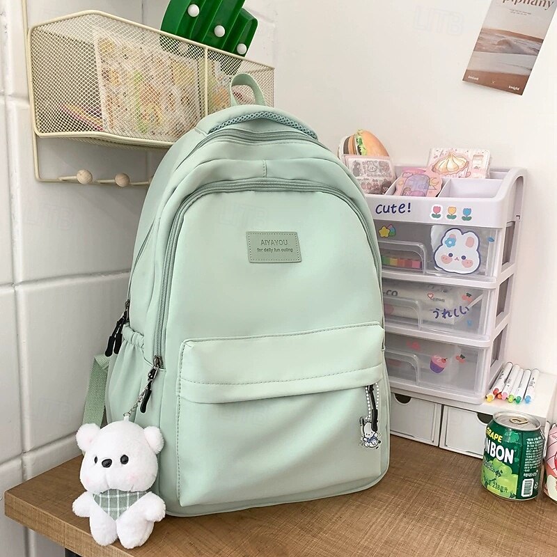 Women's Light Green School Backpack with Cute Plush Bear Keychain, Large Capacity Multi-Pocket Waterproof Bookbag for Teen Girls, College, and Daily Use2