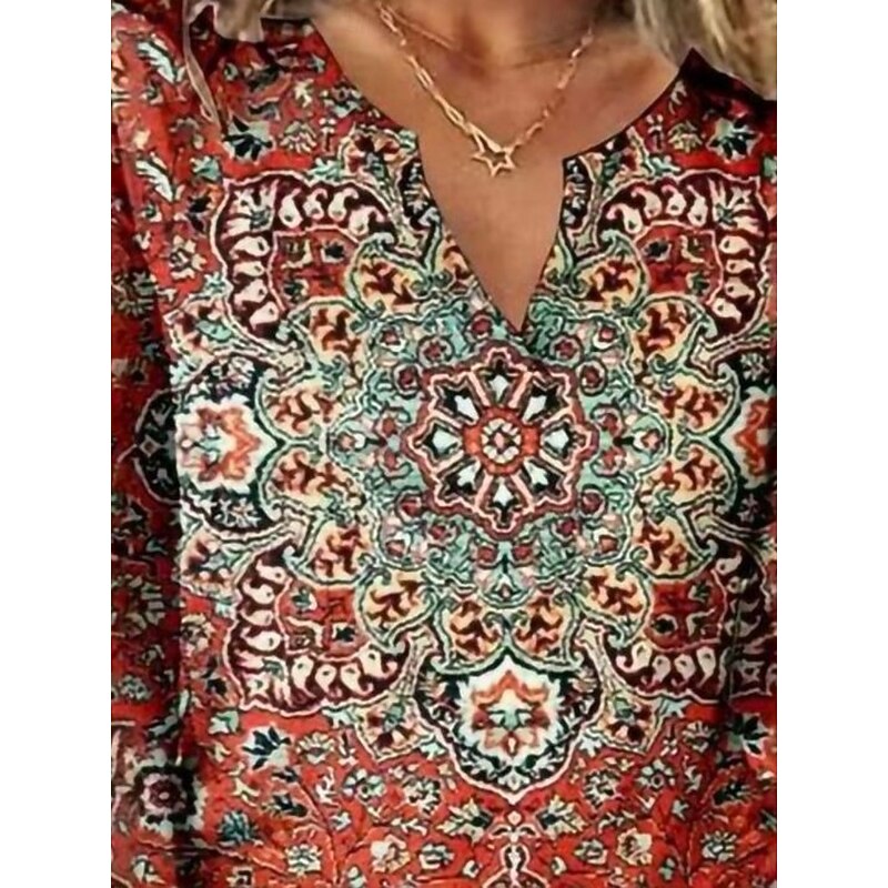 Women's Blouse Floral Retro Vintage Ethnic 3/4 Length Sleeve V Neck Regular Tops Daily Holiday Print Red Summer Spring Fall2