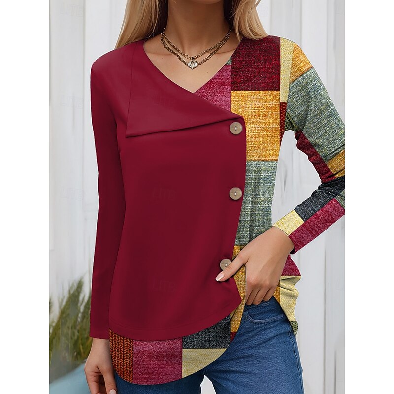Women's Blouse Tunic V Neck Long Sleeve Buttons Graphic Geometric Vintage Fashion Stylish Regular Tops Daily Patchwork Print Grass Green Yellow Red Green Spring Fall Winter Prefall3
