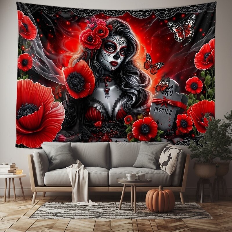 Day of the Dead Skeleton Bride Scene Wall Tapestry Backdrop, Gothic Red Curtain Spooky Decoration for 2025 Halloween Living Room, Bedroom3