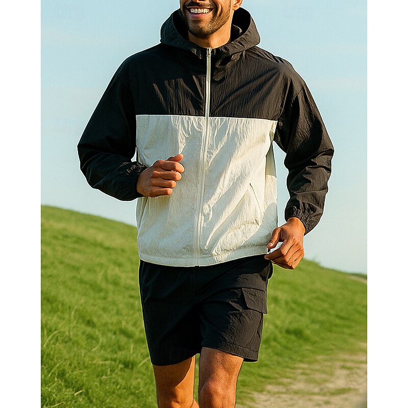 Men's Tracksuit Zip Up Sweatshirt Track Pants Hooded Zipper Pocket Color Block Clothing Suit Summer Black Pink Fishing Hiking Outdoor Sun Protection Lightweight Breathable Long Sleeve Sport Activewear3