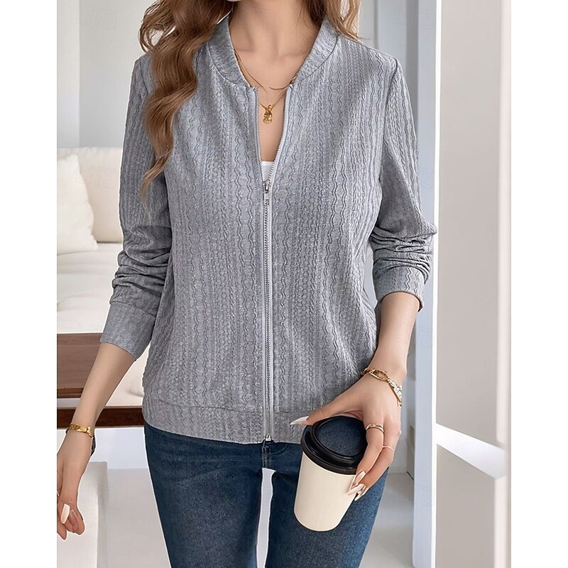 Women's Texture Sweatshirt Zip Up Sweatshirts Plain Streetwear Casual Comfy Long Sleeve V Neck Regular Tops Street Holiday Going out Zip Up Black Gray Fall