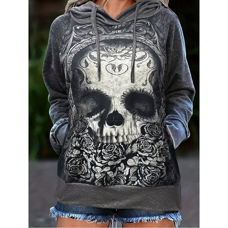 Halloween Women's Pullover Hoodie Sweatshirt Heart Skulls Graphic Casual Long Sleeve Hooded Regular Tops Party Evening Wear Street Dailywear Dark Gray Spring Fall Winter3