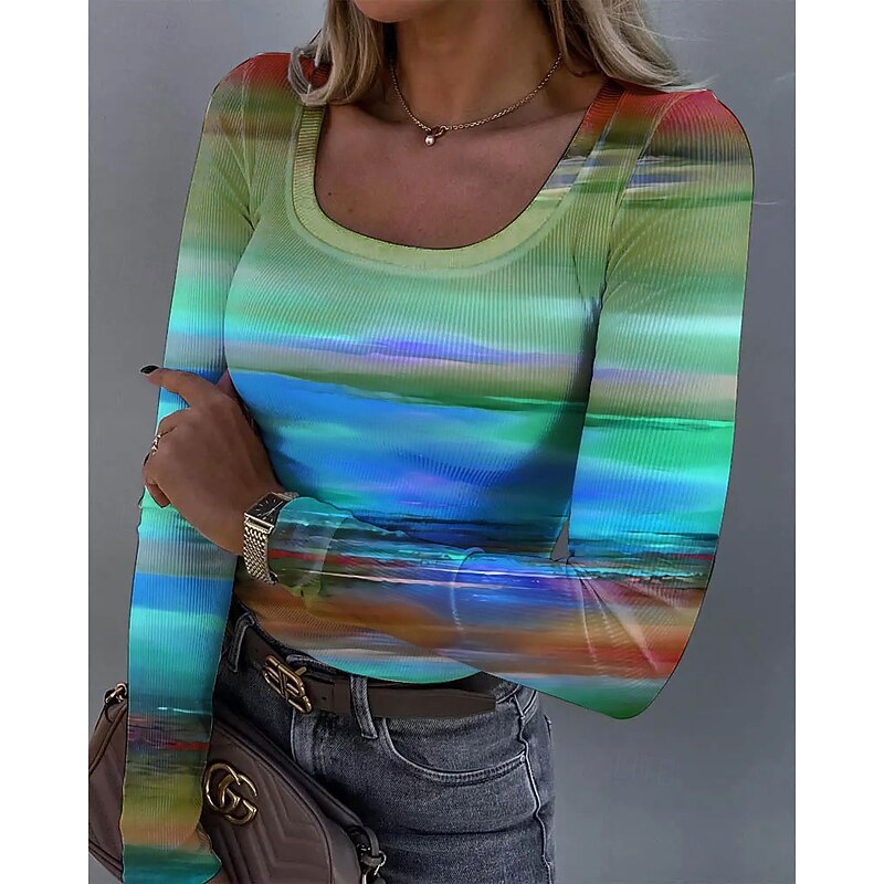 Women's T shirt Long Sleeve Ribbed Graphic Square Neck Long Sleeve Casual Tunic Ombre Vintage Stylish Regular Tops Daily Print Yellow Blue Purple Green Spring Fall Prefall2