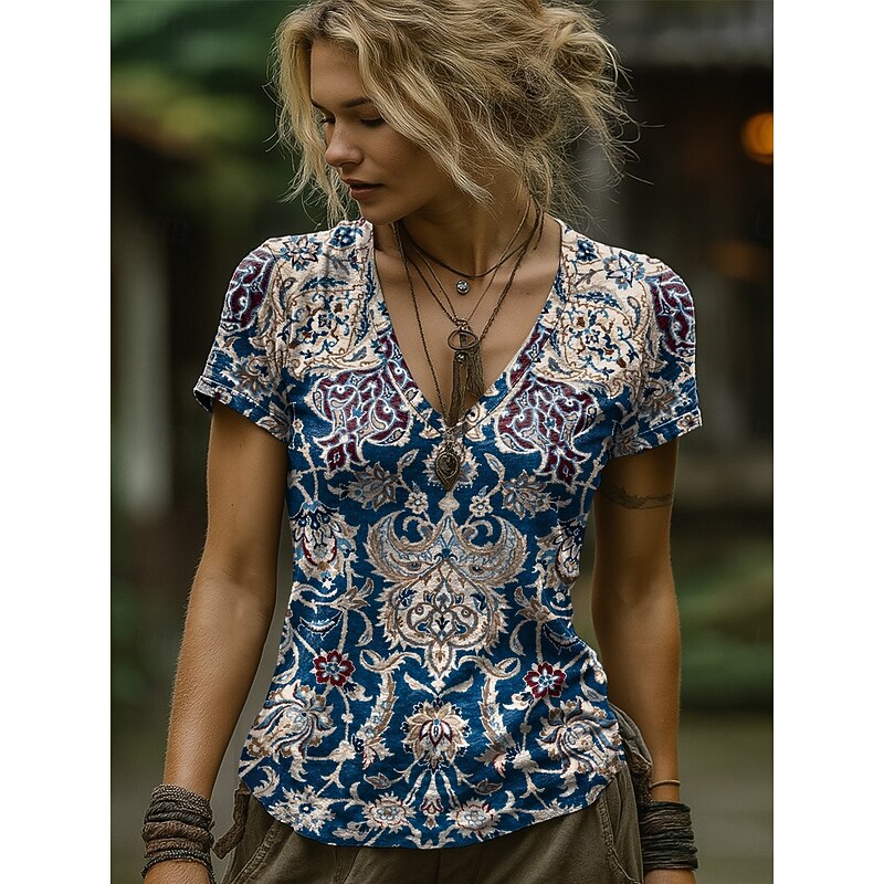 Women's T Shirt Floral Graphic Paisley Bohemia Vintage Stylish Short Sleeve V Neck Regular Tops Daily Going out Weekend Print Black Red Blue Orange Gray Summer Spring3