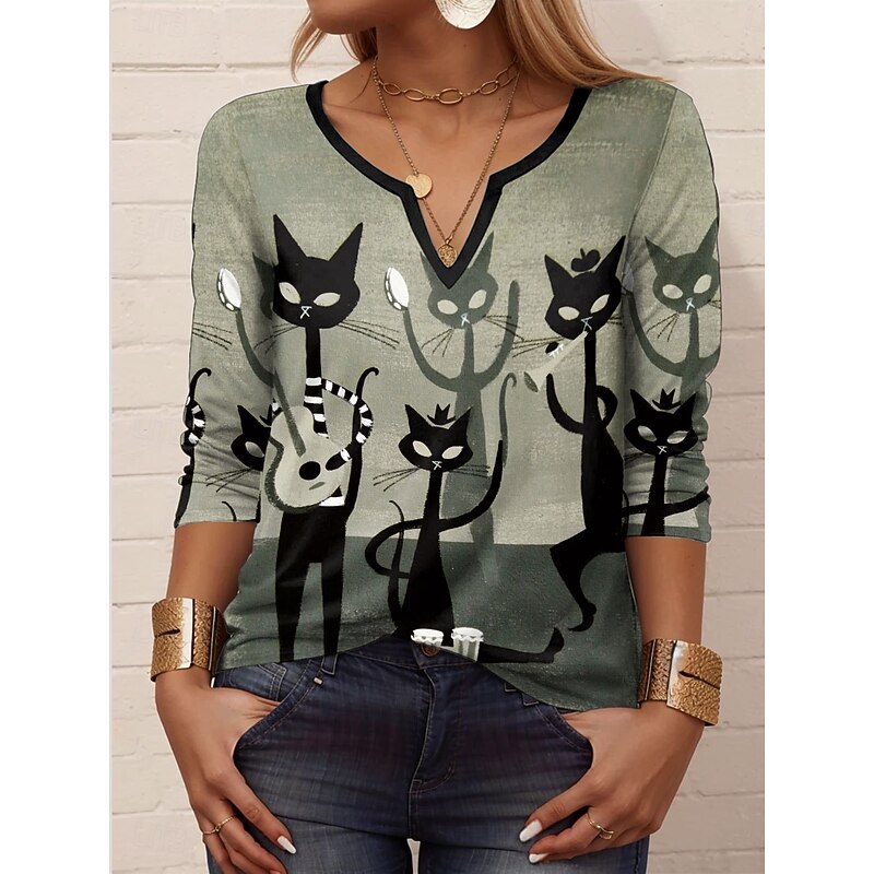 Halloween Women's T shirt Black Cat Long Sleeve Graphic Animal Geometric Vintage Stylish Classic Long Sleeve V Neck Notched Neck Regular Tops Daily Print Pink Blue Green Spring Fall Prefall
