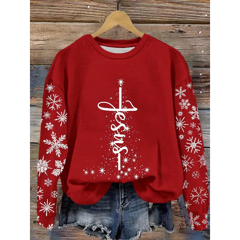 Women's Sweatshirts Graphic Striped Snowflake Casual Long Sleeve Crew Neck Regular Tops Street Dailywear Casual Print Black Red Blue Green Fall Winter2