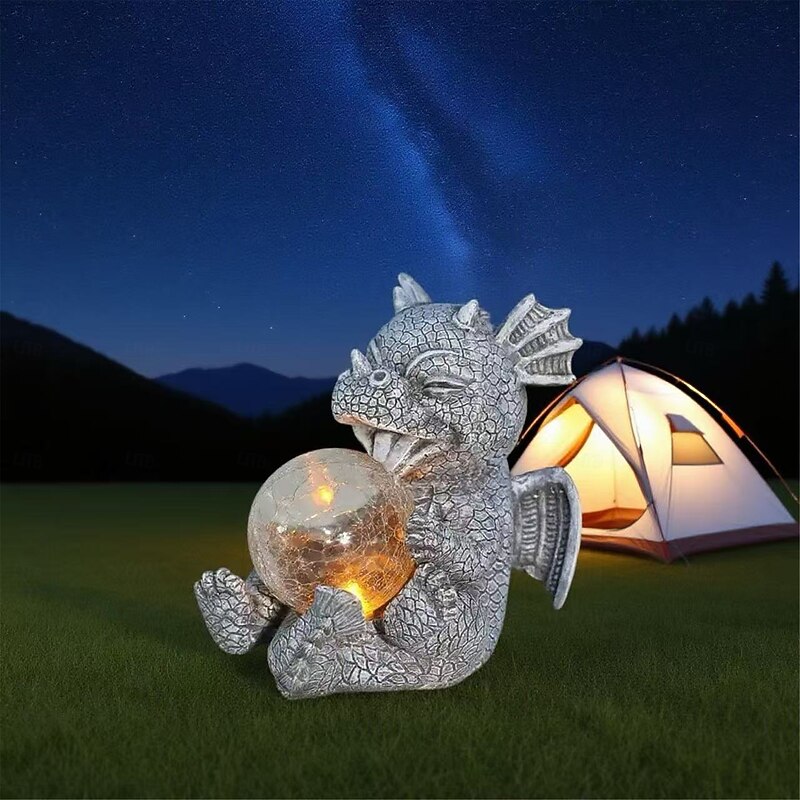 Creative Dragon Garden Statue Lamp Cute Resin Dragon Baby Holding Magic Orb With Solar LED Light For Outdoor Garden Ornament 1pc2