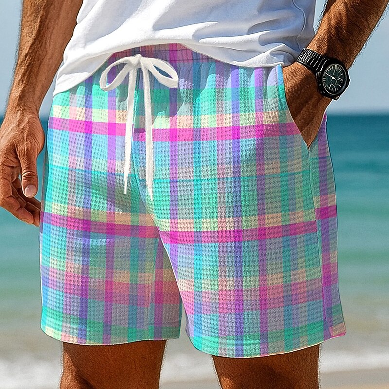 Men's Color Block Gradient Grid / Plaid Waffle Shorts Sweat Shorts Casual Shorts Mid Waist Fashion Casual Vacation Jogging Workout Elastic Drawstring Waist Shorts with Pockets Designer Clothing