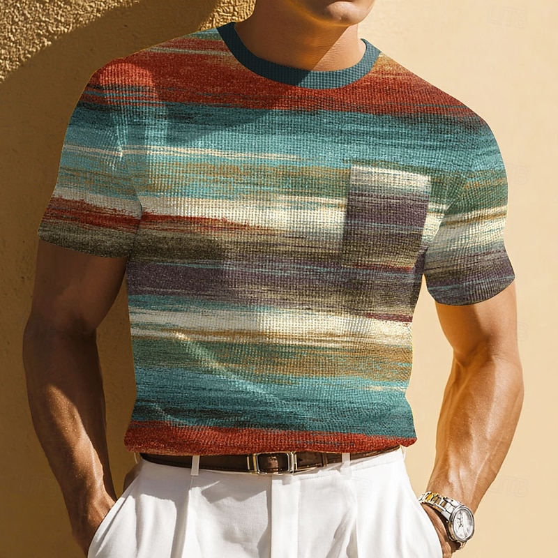 Men's Geometric Stripe Waffle Shirt Short Sleeve T shirt 3D Print Crew Neck Shirt Fashion Daily Designer Street Casual Daily Blue Purple Green Summer Spring Clothing Apparel S M L XL XXL XXXL