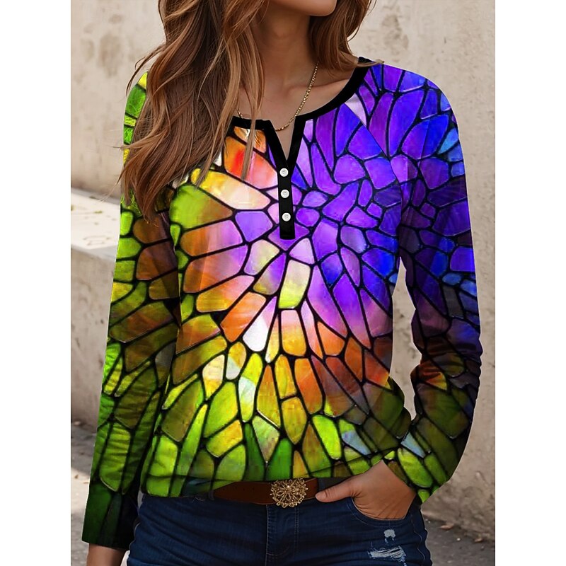 Women's T Shirt Geometric Vintage Stylish Casual Long Sleeve Crew Neck Regular Tops Daily Print Yellow Blue Orange Green Spring Fall3