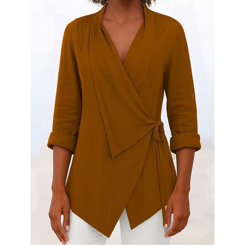 Women's Blouse Solid Color Elegant Stylish Basic Long Sleeve V Neck Regular Tops Daily Holiday Tie Front Black Pink Blue Brown Gray Summer Fall4