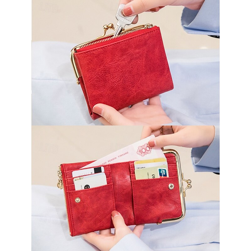 Women's Red Faux Leather Wallet with Kiss Lock and Zipper, Multi-Card Slots, Stylish Vintage Design for Daily Use, Shopping and Casual Outings3