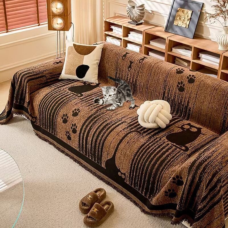Cartoon Cat Sofa Cover For Cat Dog Paw Print Chenille Anti-Scratch Throw Couch Cover Pet Friendly