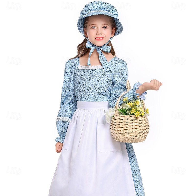 19th Century 1800s Old West Prairie Dress Bonnet and Apron Set Pioneer Floral Fancy Dress Girls' Halloween Carnival World Book Day School Event Dress Up Historical reenactment Dress Apron Hat4
