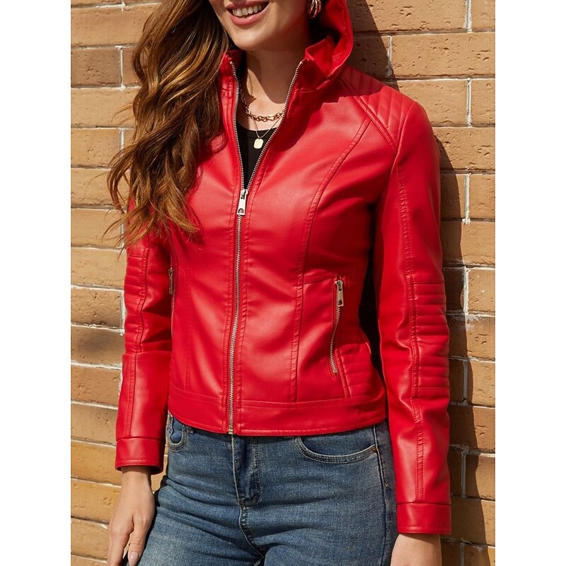 Women's Faux Leather Jacket Casual Jacket Comfortable Breathable Zipper Pocket Casual Plain Vacation Street Casual Daily Wear Zipper Short Hooded Regular Fit Long Sleeve Outerwear Red Camel Coffee