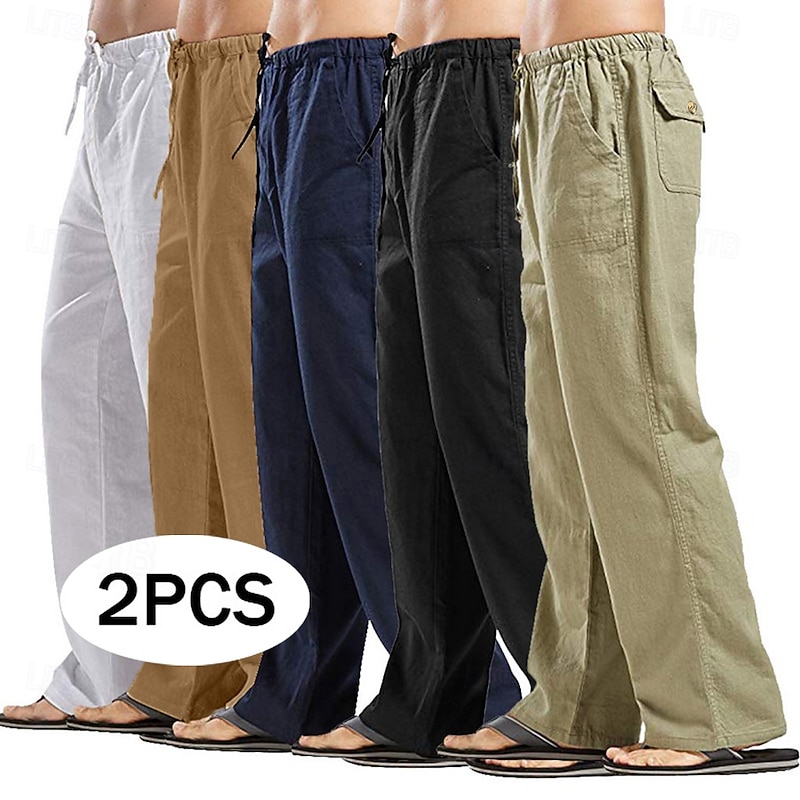 Men's Linen Pants Trousers Summer Pants Baggy Pants Beach Pants Pocket Drawstring Straight Leg Plain Comfort Breathable Full Length Daily Streetwear Fashion Casual / Sporty Black+Navy Blue Navy