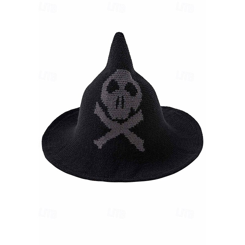Women's Wool Blend Witch Hat with Skull Pattern – Gothic Halloween Pointed Brim Hat for Costume Parties and Cosplay3