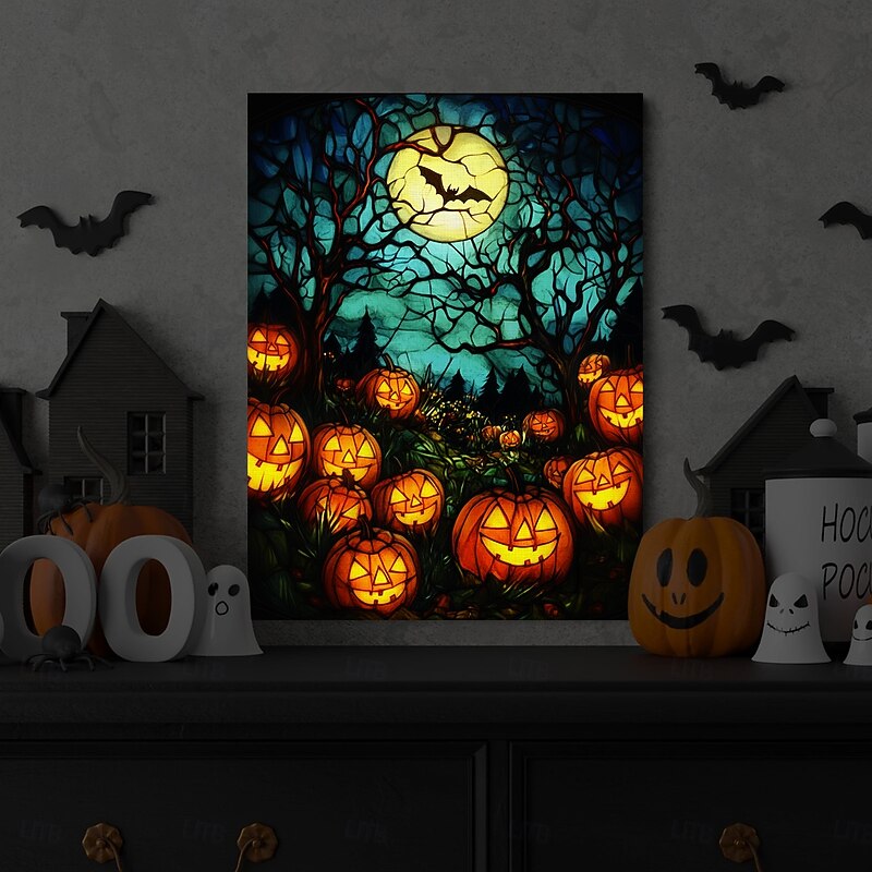 Halloween Pumpkin Clock Night Scene LED Canvas Wall Art - Battery Operated Lighted Wall Decor for 2025 Halloween home decoration light livingroom and bedroom4