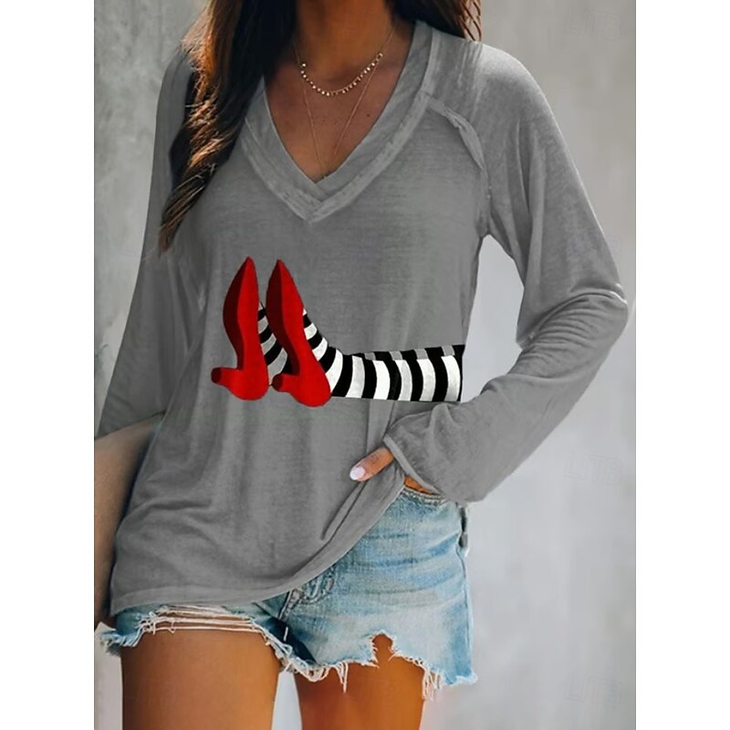 Halloween Women's T shirt Witch Long Sleeve V Neck Long Sleeve Graphic Casual Vintage Stylish Western Tops Daily Weekend Vacation Wear Print Black White Green Gray Spring Fall Prefall4