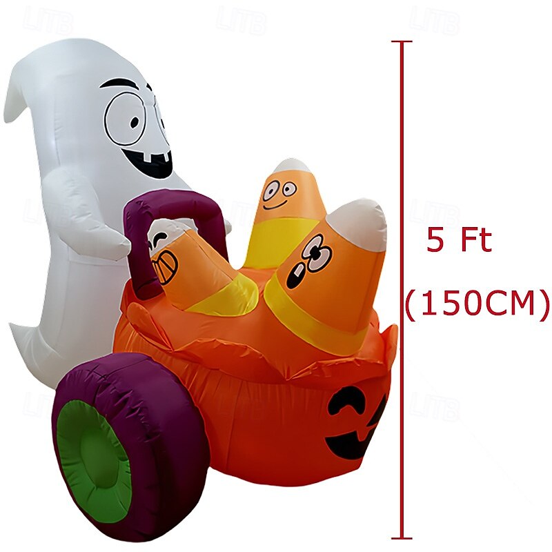 5 FT Halloween Inflatable Ghost Pushing Pumpkin Carriage with Candy, Blow Up Yard Decoration with Build-in LEDs for Halloween Outdoor Party Indoor, Yard, Garden and Lawn Decor3