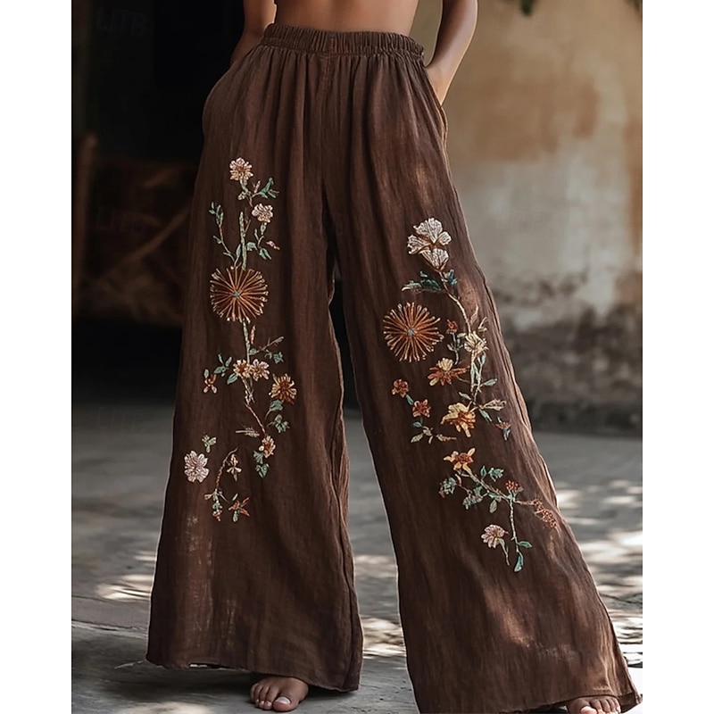 Women's Wide Leg Pants Trousers Palazzo Pants Fashion Boho Full Length High Waist Flower Elastic Waist Print Breathability Comfortable Street Daily Wear Going out dark brown Coffee Spring Fall