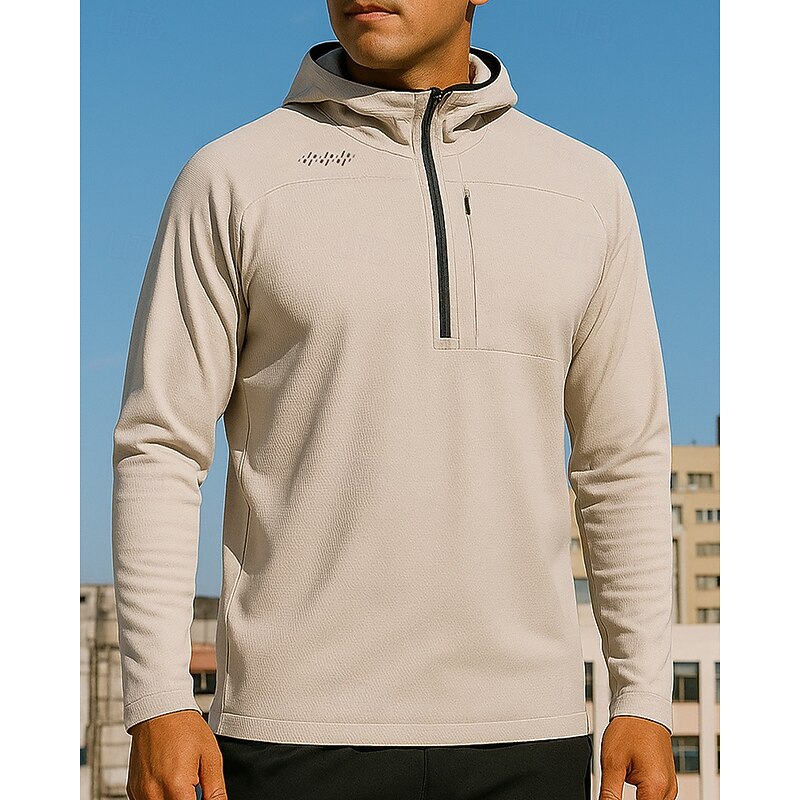 Men's Casual Tops Pullover Hoodie Sweatshirts Zip Up Pocket Long Sleeve Top Athleisure Solid Colored Quick Dry Breathable Hiking Workout Athletic Sportswear Activewear Black White Khaki