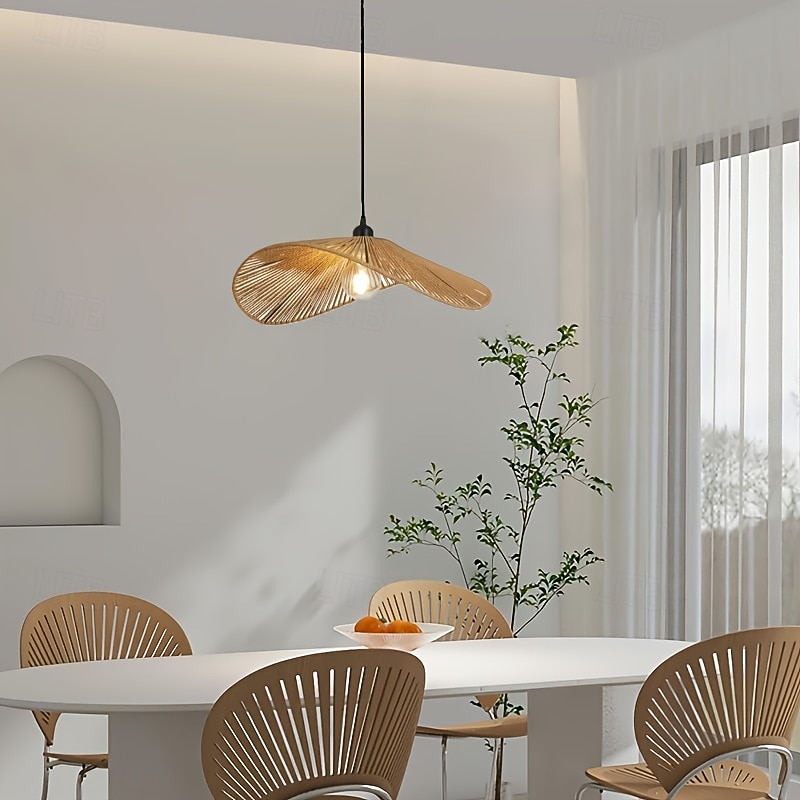 Coastal Vintage Straw Hat-Style Pendant Light, Hand-Woven Braided Rope, Warm White/White Light, E26/E27, Adjustable Chain2