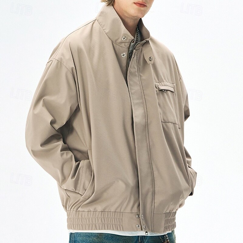Men's Lightweight Jacket Casual Jacket Vacation Daily Windbreaker Pocket Spring Fall Plain Fashion Classic Stand Collar Regular Apricot Black Purple Green Khaki Jacket3