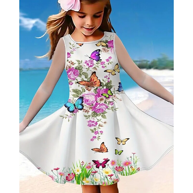 Girls' 3D Floral Graphic Butterfly Dress Sleeveless Summer Spring Vacation Daily Holiday Princess Beautiful Sweet Kids 4-12 Years Casual Dress A Line Dress Knee-length Regular Fit