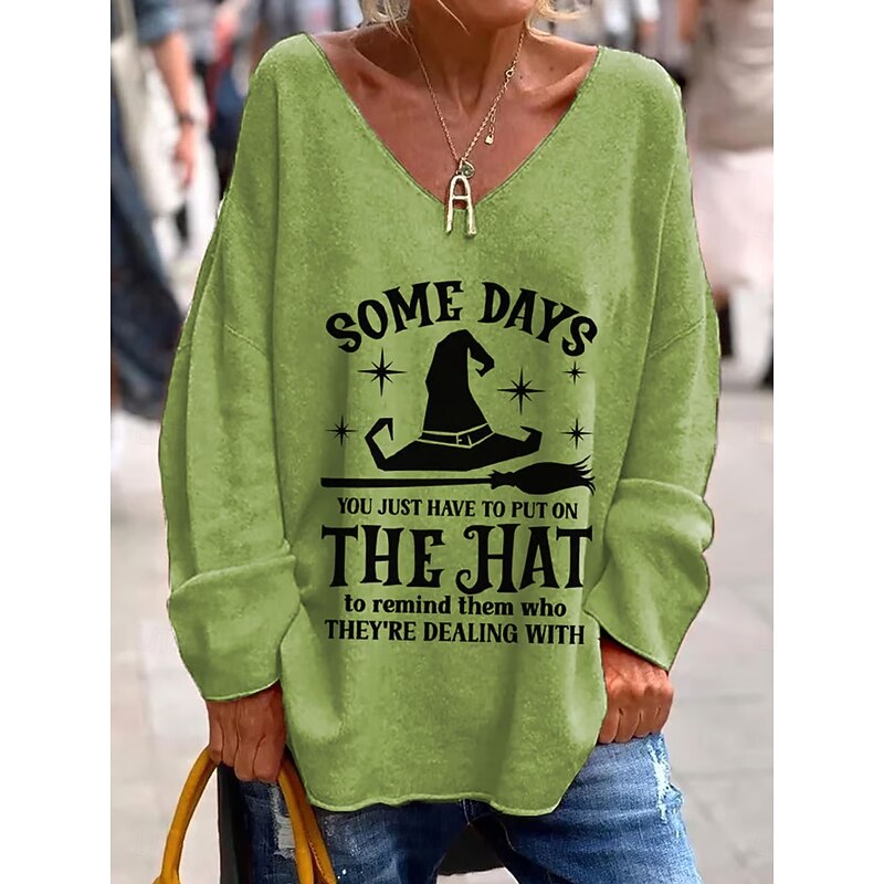Halloween Women's T shirt Witch Graphic Letter Elegant Fashion Casual Long Sleeve V Neck Regular Tops Daily Weekend Print Black Purple Orange Green Gray Spring Fall2