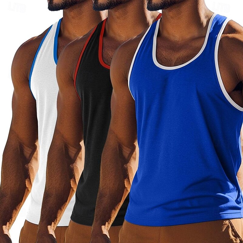Men's Tank Top Vest Undershirt Sleeveless Shirt Sleeveless U Neck Scoop Neck Summer Solid Color Plain Fashion Sporty Classic 3-Piece Color Block Street Casual Sports Red / Blue / Green2