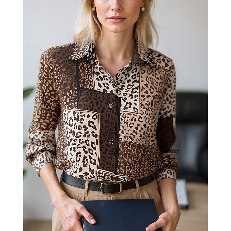 Women's Blouse Dressy Tops Chiffon Tops Graphic Color Block Elegant Daily Stylish Long Sleeve Shirt Collar Regular Tops Work Daily Buttons Print Blue Olive Emerald Green Brown Rainbow Spring, Fall3