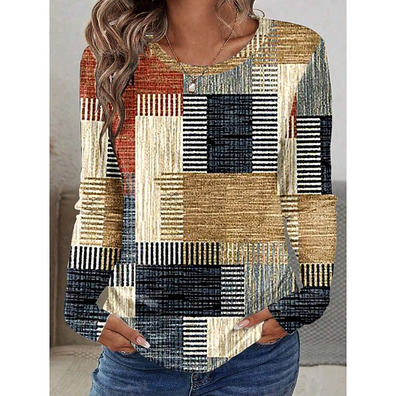 Women's T shirt Crew Neck Long Sleeve Tunic Graphic Geometric Plaid Vintage Stylish Classic  Round Neck Regular Tops Daily Print Khaki Fall