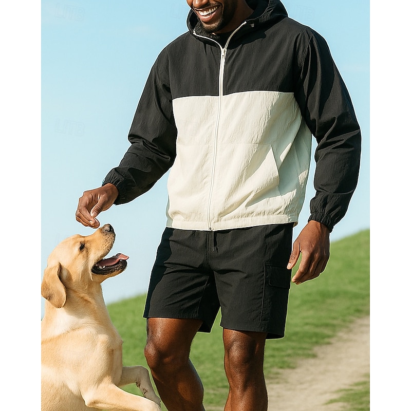 Men's Tracksuit Zip Up Sweatshirt Track Pants Hooded Zipper Pocket Color Block Clothing Suit Summer Black Pink Fishing Hiking Outdoor Sun Protection Lightweight Breathable Long Sleeve Sport Activewear