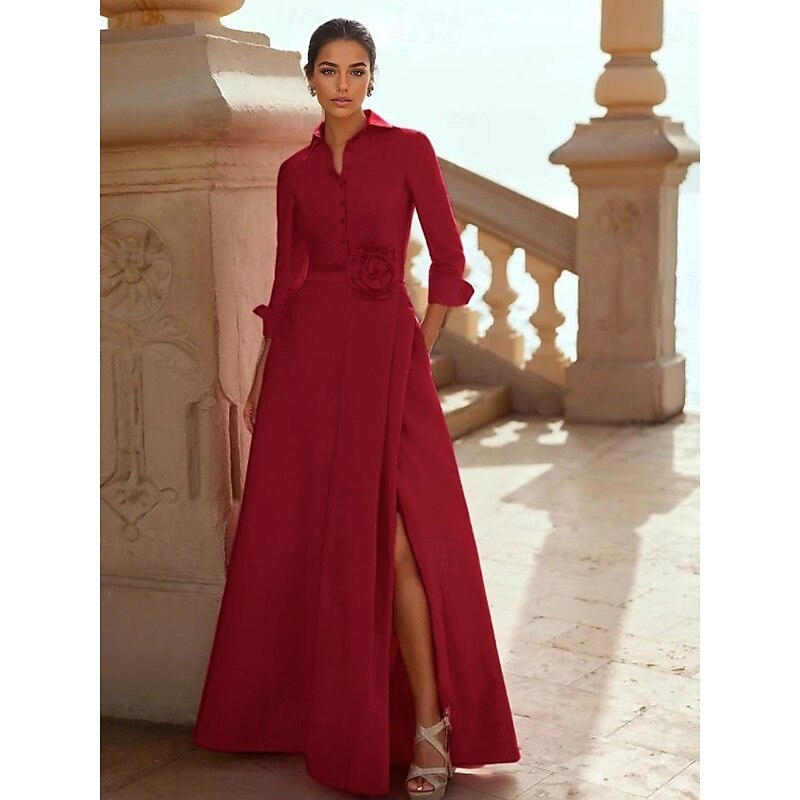 A-Line Mother of the Bride Evening Gown Elegant Dress Formal Wedding Floor Length 3/4 Length Sleeve Shirt Collar Pocket Taffeta with Slit2