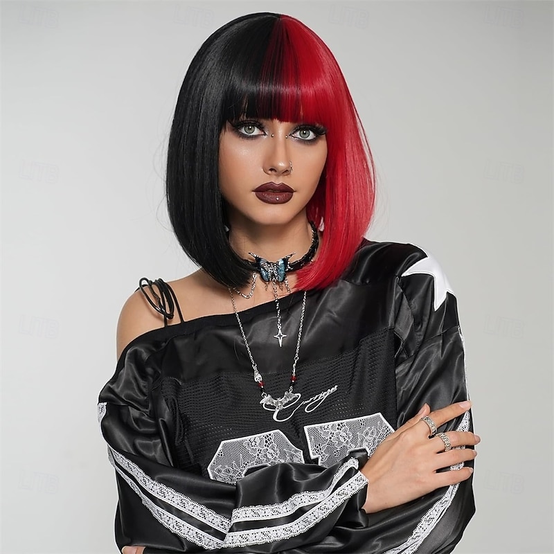 Half Red Half Black Wigs with Bangs 14 Inch Short Straight Bob Synthetic Heat Resistant Wig for Women Halloween Cosplay Party Wig  Halloween Cosplay Party Wigs - Main Image