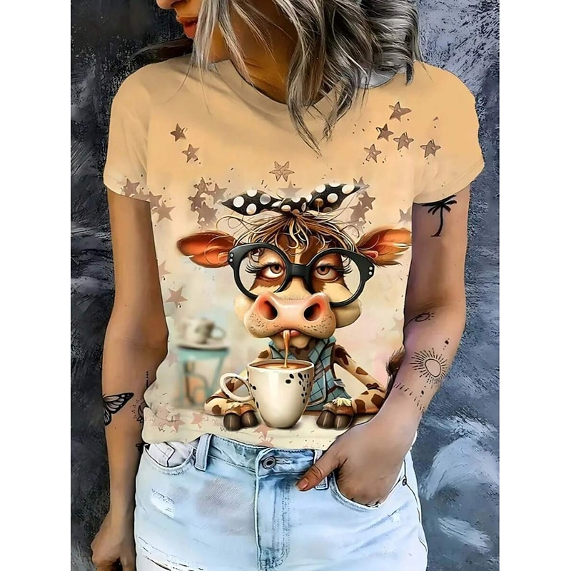 Women's T Shirt Graphic Animal Cow Vintage Stylish Classic Short Sleeve Crew Neck Round Neck Regular Tops Daily Weekend Print Yellow Summer Spring