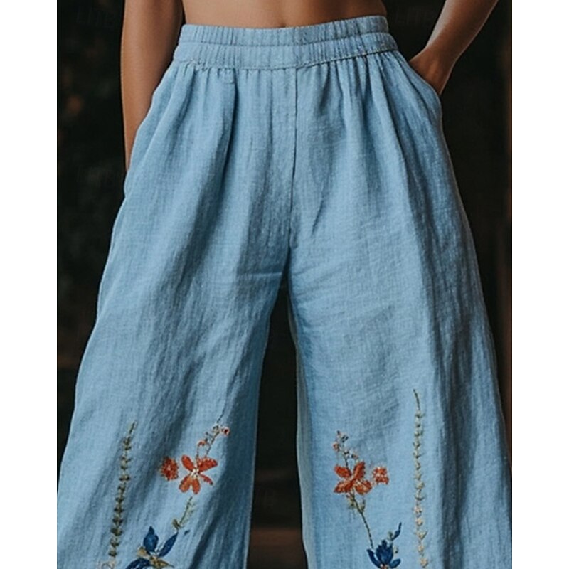 Women's Wide Leg Pants Trousers Palazzo Pants Fashion Boho Full Length High Waist Flower Elastic Waist Print Breathability Comfortable Street Daily Wear Going out Blue Spring Fall Regular Fit2